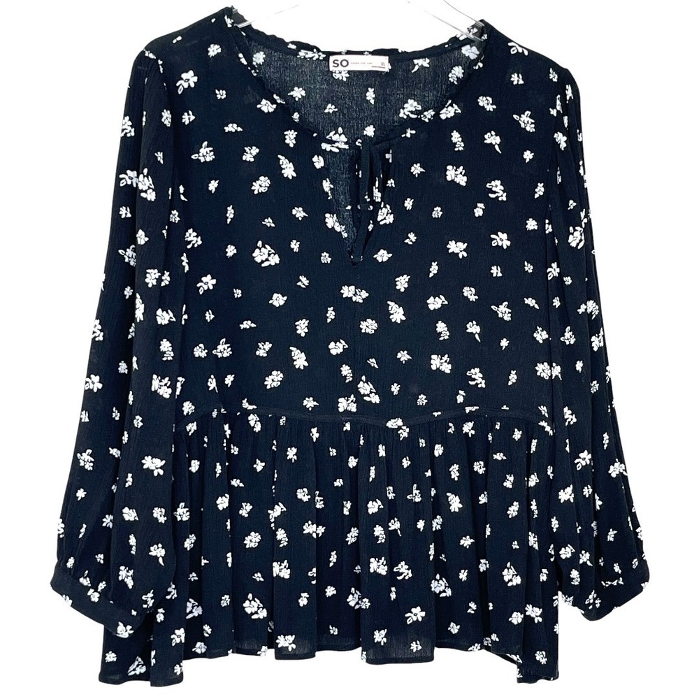 SO Floral Babydoll Blouse Womens XL Black‎ White Excellent Peplum Rayon Tie Neck - Picture 2 of 13